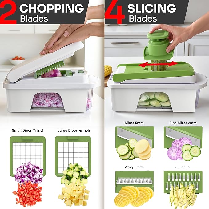 Mueller Pro-Series All-in-One, 12 Blade Mandoline Slicer for Kitchen, Food Chopper, Vegetable Slicer and Spiralizer, Cutter, Dicer, Grater, Kitchen Gadgets Sets with Container, White Sand/Pastel Green