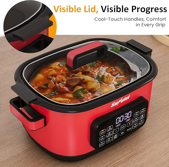 Sunvivi 12-in-1 Multi Slow Cooker Roaster Oven, 6.5QT Sliver Digital Programmable Slow Cooker with Rack, Large Removable Nonstick Crock, Glass Lid, Multicooker with Timer Temp Control, Red