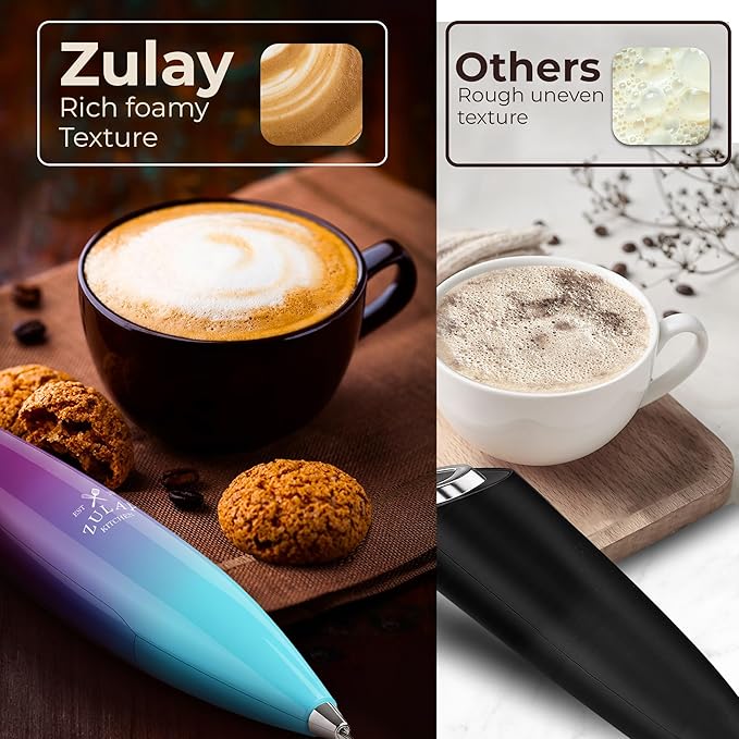 Zulay Kitchen Patented Tornado Triple Whisk Milk Frother with 4 Duracell Batteries – Handheld Foam Maker for Coffee, Lattes, Matcha & Hot Chocolate – Rich, Creamy Froth in Seconds