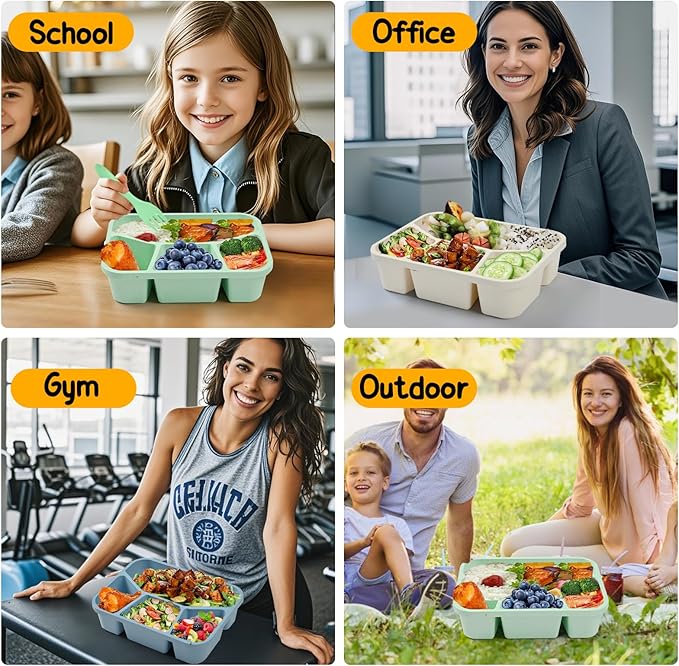 Bento Lunch Box, 4 Compartments Meal Prep Containers, 4 Pack Reusable Snack Containers, Divided Food Storage Container for Adults (Pink Beige Green Blue)