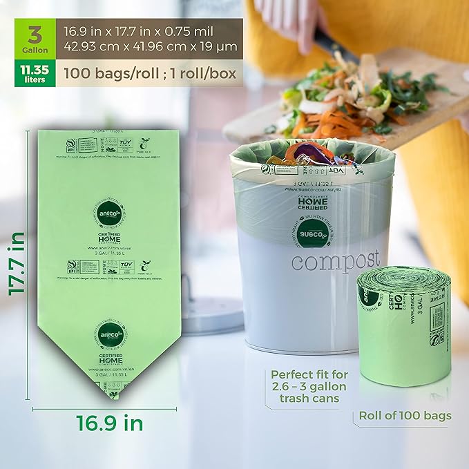 ANECO 100% Compostable Food Waste Bags 3 Gallon, 100 Count, Extra Thick Compost Bags for Countertop Bin, Small Compost Bag, Food Waste Bags with TUV OK Compost Home and BPI certified