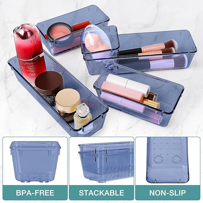23 PCS Drawer Organizer Set, 5 Varied Size Bathroom and kitchen Drawer cabinet organizer Trays, Clear Storage Bins for Makeup, Jewelry, Utensils and Gadgets, Dark Blue