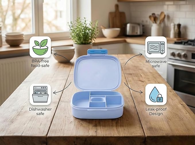L&A's Bento Lunch Box for Kids and Adults - Leakproof 5-Compartment Lightweight Food Container, Large Capacity Meal Prep for School and Work, BPA-Free, Microwave & Dishwasher Safe (Blue)