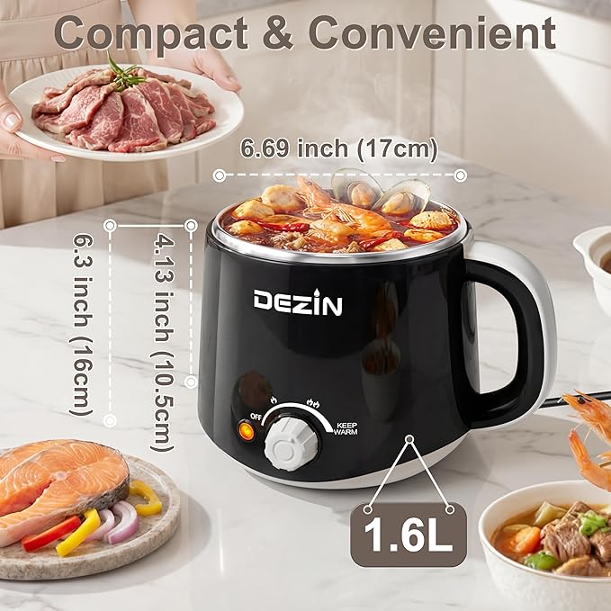 Dezin Hot Pot Electric, Rapid Noodles Cooker, Stainless Steel Electric Pot 1.6 Liter, Perfect for Ramen, Egg, Pasta, Dumpling, Soup, Porridge, Oatmeal with Temperature Control and Keep Warm Function