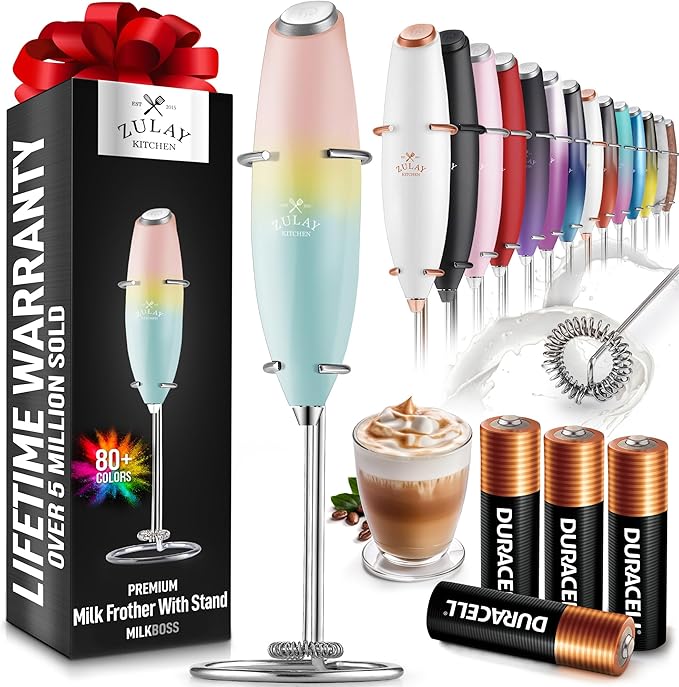 Zulay Kitchen Powerful Milk Frother Wand With 4 AA Duracell Batteries - Ultra Fast Handheld Drink Mixer - Electric Whisk Foam Maker for Coffee, Lattes, Cappuccino, Matcha & Creamer