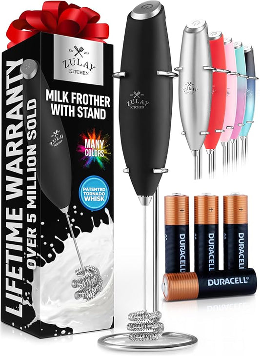 Zulay Kitchen Patented Tornado Triple Whisk Milk Frother with 4 Duracell Batteries – Handheld Foam Maker for Coffee, Lattes, Matcha & Hot Chocolate – Rich, Creamy Froth in Seconds