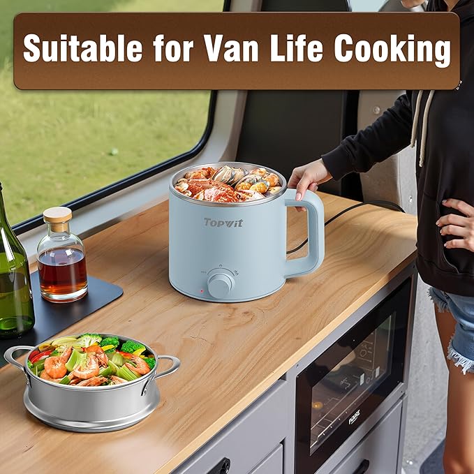 Topwit Hot Pot Electric with Steamer, 1.6L Ramen Cooker, Electric Pot for Pasta, Shabu-Shabu, Oatmeal, Soup and Egg, Portable Cooker with Dual Power Control, Dorm Room Essentials, Blue