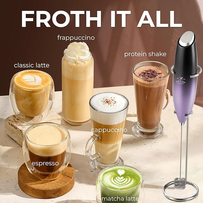 Zulay Kitchen Patented Tornado Triple Whisk Milk Frother with 4 Duracell Batteries – Handheld Foam Maker for Coffee, Lattes, Matcha & Hot Chocolate – Rich, Creamy Froth in Seconds