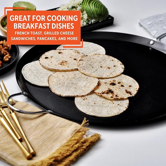 IMUSA 13.5in Carbon Steel Nonstick Round Comal with Metal Handles, Black