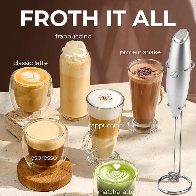 Zulay Kitchen Patented Tornado Triple Whisk Milk Frother with 4 Duracell Batteries – Handheld Foam Maker for Coffee, Lattes, Matcha & Hot Chocolate – Rich, Creamy Froth in Seconds