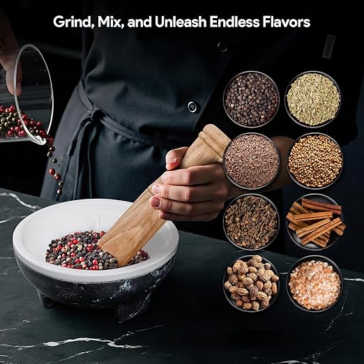 No Rock Powder 2 Cup Mortar and Pestle Set with Silicone Covers, 6.5 Inch World's 1st Lightweight Molcajete Mexicano with Grinding Ridge, High Efficiency for Guacamole, Spice and Herb, Gift