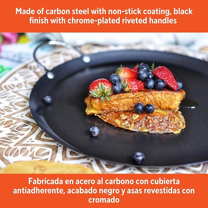 IMUSA 11in Carbon Steel Nonstick Round Comal with Metal Handles, Black