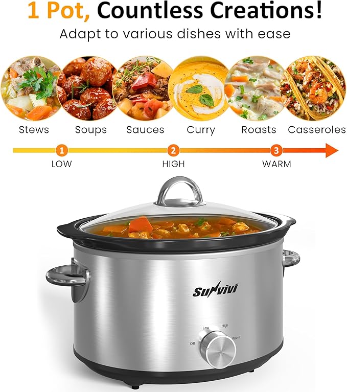 Sunvivi Small Slow Cooker 4QT, Mini Food Warmer with 3 Heating Settings, Removable Ceramic Pot, Dishwasher Safe Glass Lid, Stainless Steel, Silver