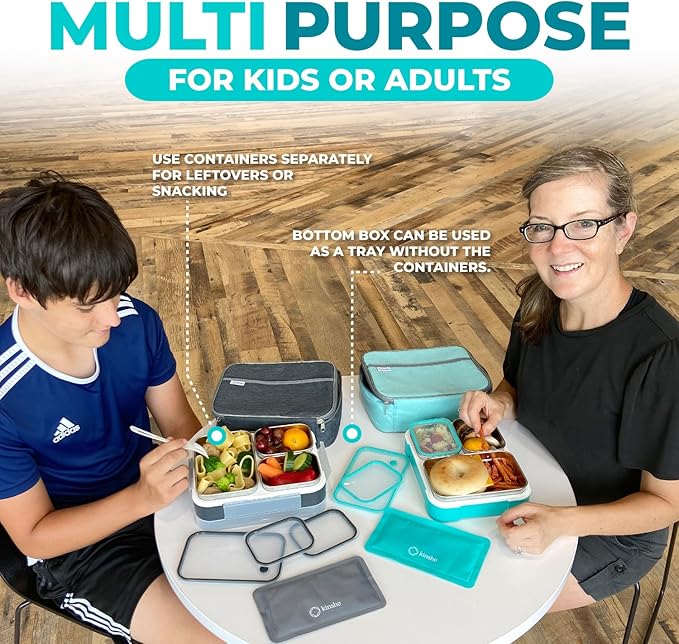 Stainless Steel Bento Lunch Box Set for Adults, Kids - Insulated Bag and Ice Pack - Leak-Proof Metal Compartment Meal Prep Food & Snack Containers for Work Travel School Daycare, 42 oz Teal Blue