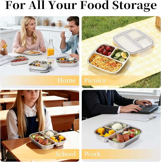 2 Pack Stainless Steel Snack Containers with Lids 3 Compartment Snackle Box Container Lunch Box for Adults Meal Prep Bento Box Containers Reusable Work (2, Gray, 600ml)