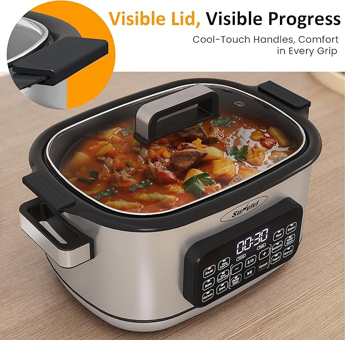Sunvivi 12-in-1 Multi Slow Cooker Roaster Oven, 6.5QT Sliver Digital Programmable Slow Cooker with Rack, Large Removable Nonstick Crock, Glass Lid, Multicooker with Timer Temp Control, Delay Start