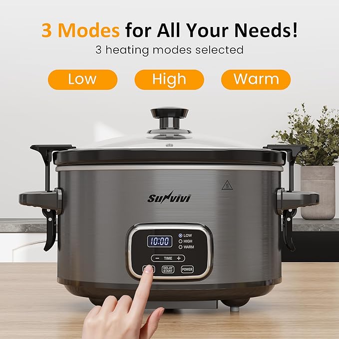 Sunvivi 4QT Slow Cooker, Programmable Pot with Locking Lid, Removable Ceramic Pot, 3 Heating Settings & Time Control,Dishwasher-safe Lid, Grey