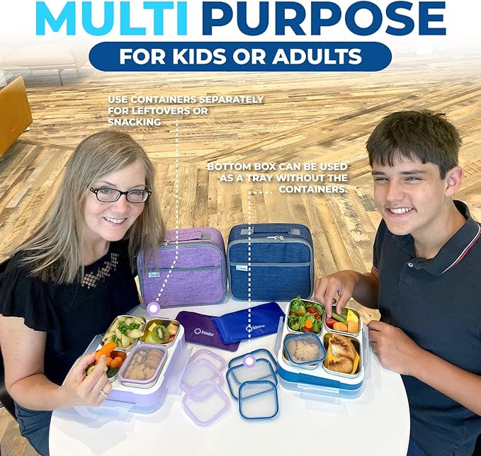 Stainless Steel Bento Lunch Box Set for Adults, Kids - Insulated Bag and Ice Pack - Leak-Proof Metal Compartment Meal Prep Food & Snack Containers for Work Travel School Daycare, 36 oz Navy Blue