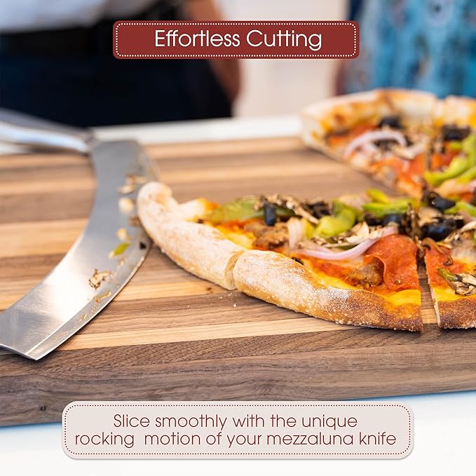 Stainless Steel Mezzaluna Knife with Cover – 12 In. Curved Blade with Solid Steel Handles & Mezzaluna Sheath – Pizza Cutter Rocker, Rocker Knife Veggie Cutter, Salad Chopper, & Herb Cutter