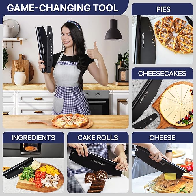 KitchenStar 16-Inch Pizza Cutter Rocker Blade - Sharp Stainless Steel Slicer Knife, Protective Cover, Black, Large - Professional Pizza Oven Accessories