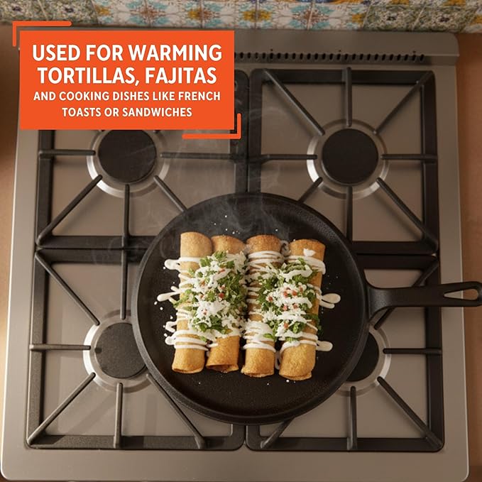 IMUSA 9.5in Preseasoned Cast Iron Comal for Tortillas, Arepas, Quesadillas, Heating & Searing, Heavy-Duty Flat Griddle