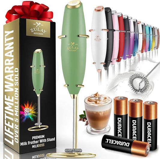 Zulay Kitchen Powerful Milk Frother Wand With 4 AA Duracell Batteries - Ultra Fast Handheld Drink Mixer - Electric Whisk Foam Maker for Coffee, Lattes, Cappuccino, Matcha & Creamer