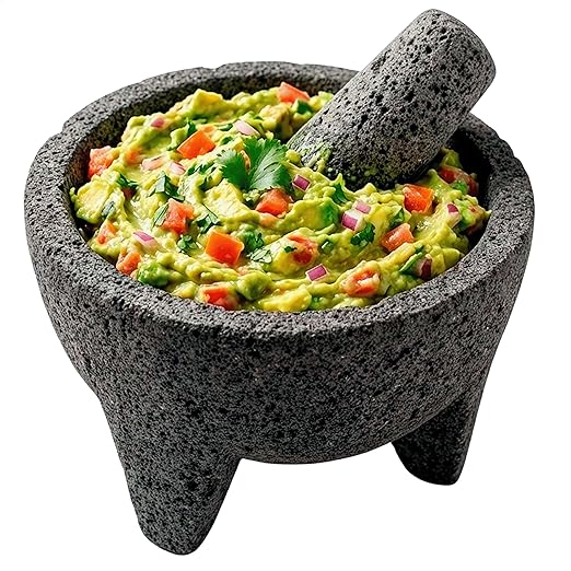 Molcajete 8 in Mexican, Handmade with Natural Volcanic Stone, Artisanal Kitchen Utensil for Grinding with Pores for Crushing, Specially Designed for Grinding Spices, Sauces, and Guacamole