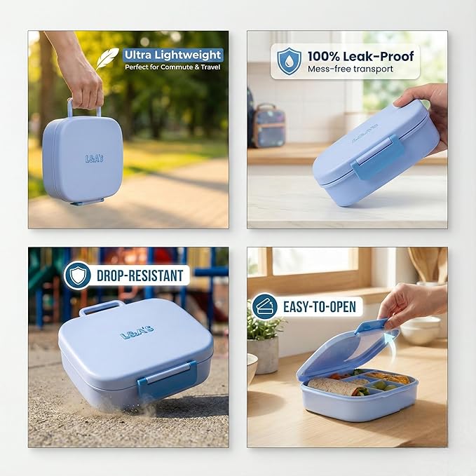 L&A's Bento Lunch Box for Kids and Adults - Leakproof 5-Compartment Lightweight Food Container, Large Capacity Meal Prep for School and Work, BPA-Free, Microwave & Dishwasher Safe (Blue)