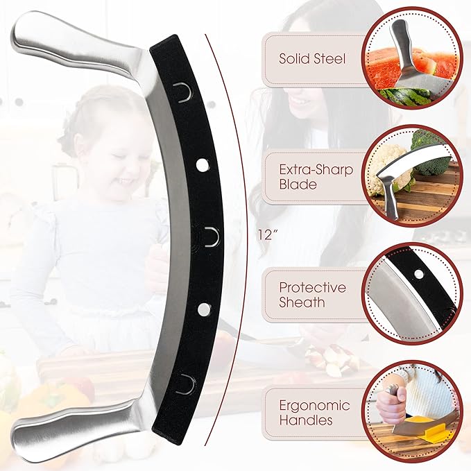 Stainless Steel Mezzaluna Knife with Cover – 12 In. Curved Blade with Solid Steel Handles & Mezzaluna Sheath – Pizza Cutter Rocker, Rocker Knife Veggie Cutter, Salad Chopper, & Herb Cutter