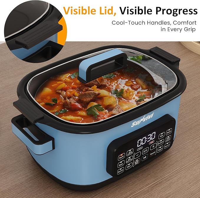 Sunvivi 12-in-1 Multi Slow Cooker Roaster Oven, 6.5QT Sliver Digital Programmable Slow Cooker with Rack, Large Removable Nonstick Crock, Glass Lid, Multicooker with Timer Temp Control, Blue