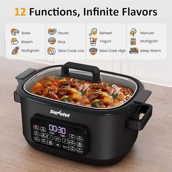 Sunvivi 12-in-1 Multi Slow Cooker Roaster Oven, 6.5QT Sliver Digital Programmable Slow Cooker with Rack, Large Removable Nonstick Crock, Glass Lid, Multicooker with Timer Temp Control, Black
