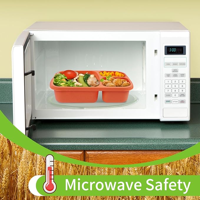 8 Pack Bento Lunch Box Set 3 Compartment Wheat Straw Meal Prep Food Storage Containers Plastic, Microwave and Dishwasher Safe （Jewel Brights）