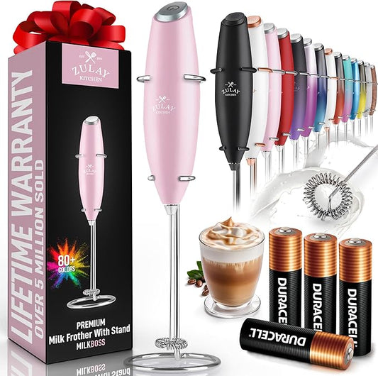 Zulay Powerful Milk Frother (4 Duracell Batteries Included) - Handheld Milk Frother Wand Drink Mixer for Coffee - Powerful Milk Foamer for Cappuccino, Frappe, Matcha & Creamer - Cotton Candy