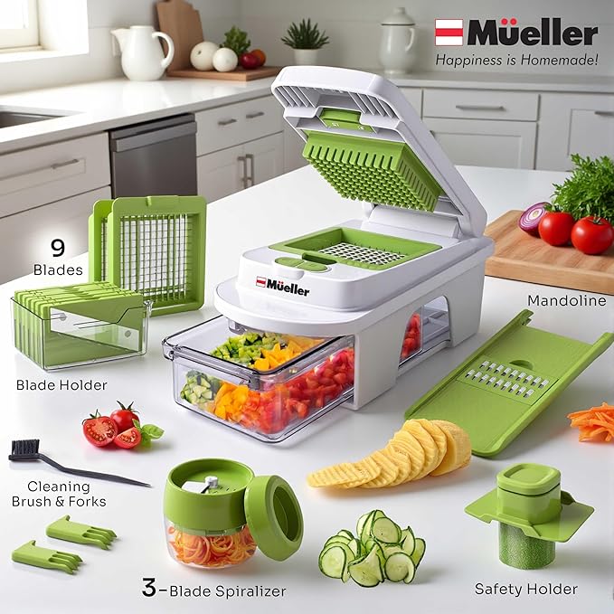 Mueller Pro-Series All-in-One, 12 Blade Mandoline Slicer for Kitchen, Food Chopper, Vegetable Slicer and Spiralizer, Cutter, Dicer, Grater, Kitchen Gadgets Sets with Container, White Sand/Pastel Green