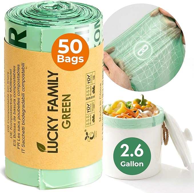 Compostable Trash Bags for Kitchen Compost Bins – 2.6 Gallon Compost Bags for Countertop Bin, Green Compostable Bags, BPI & OK Industrial Certified, Leak-Proof Food Waste Bags (50 Count)