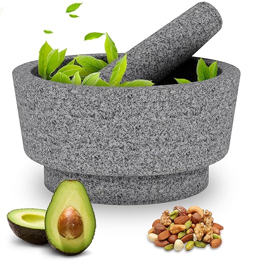 Mortar and Pestle - Unpolished Granite Bowl Grind Spices, Family Day Avocado Sauce Mortar and Pestle 7.1 Inch 5.5 Cup Molcajete Mexican Mortar Manual Stone Grinder