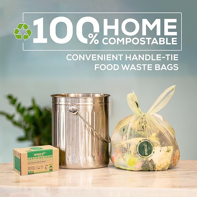 ANECO 100% Compostable Food Waste Bags 1.6 Gallon With Handles (30 Count), Small Compost Bags for Countertop Bin, OK Compost HOME & BPI Certified Compostable Kitchen Food Waste Bags