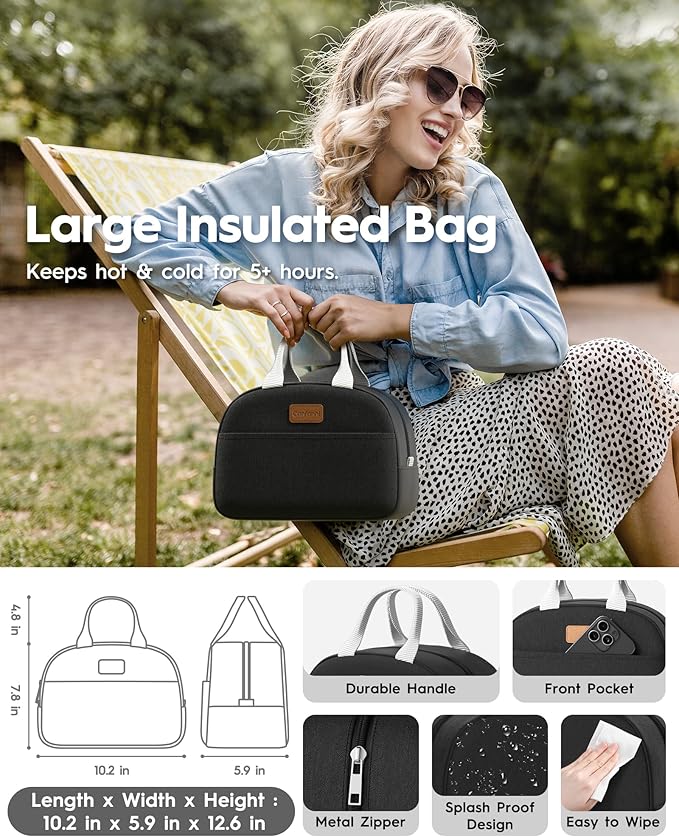 Adults Bento Box with Insulated Lunch Bag, 74oz Capacity 3 Stackable Leak-Proof Bento Box Built-In Utensil and Sauce, PFAS & BPA-Free, Microwave & Dishwasher Safe (Astral Black)