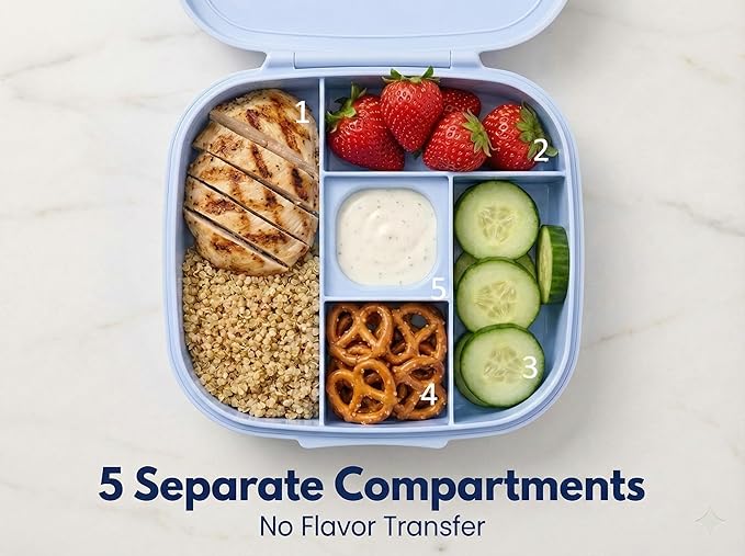 L&A's Bento Lunch Box for Kids and Adults - Leakproof 5-Compartment Lightweight Food Container, Large Capacity Meal Prep for School and Work, BPA-Free, Microwave & Dishwasher Safe (Blue)