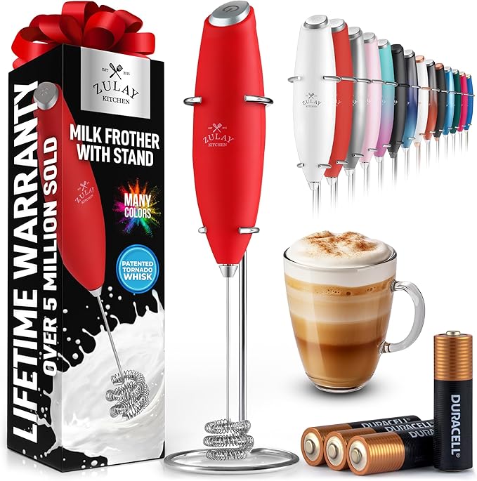 Zulay Kitchen Patented Tornado Triple Whisk Milk Frother with 4 Duracell Batteries – Handheld Foam Maker for Coffee, Lattes, Matcha & Hot Chocolate – Rich, Creamy Froth in Seconds