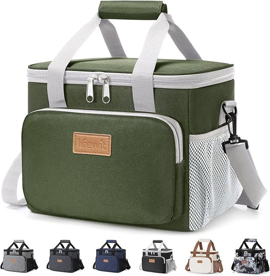 Lifewit Medium Lunch Bag Insulated Lunch Box Soft Cooler Cooling Tote for Adult Men Women, Gray and Green 12-Can (9L)
