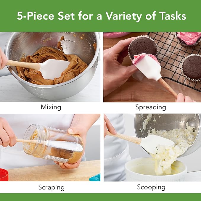 Tovolo Silicone Spatula with Wooden Handle Set of 5 Piece Silicone Kitchen Utensil Set Spoonula Jar Scraper Mini Spatula and Spoonula for Cooking Baking Mixing Folding White Cookware Set
