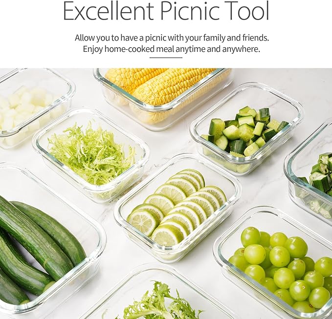 10 Pack Glass Meal Prep Containers, Glass Food Storage Containers with Lids Airtight, Storage Container Set with Lid for Food, Bpa-free, Leak-proof, Microwave Oven Freezer Dishwasher Safe