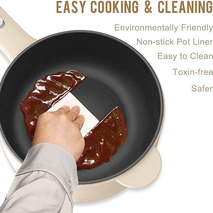 Dezin Hot Pot Electric, 2L Non-Stick Sauté Pan, Rapid Noodles Cooker, Mini Portable Pot for Steak, Egg, Fried Rice, Ramen, Oatmeal, Soup with Power Adjustment & Spatula, College Dorm Room Essential