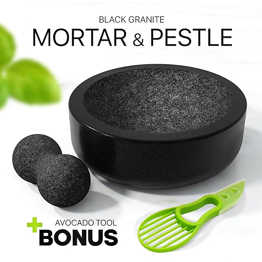 Umien Granite Mortar and Pestle Set - 8-Inch Natural Stone Molcajete with Avocado Tool - 3.5 Cup Capacity for Spices, Herbs, Pestos & Guacamole - Premium Kitchen Gift (Black)