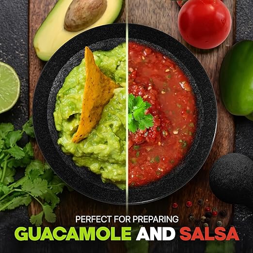 Umien Granite Mortar and Pestle Set - 8-Inch Natural Stone Molcajete with Avocado Tool - 3.5 Cup Capacity for Spices, Herbs, Pestos & Guacamole - Premium Kitchen Gift (Black)