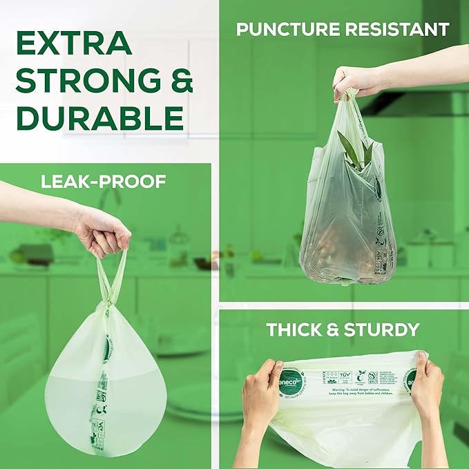 ANECO 100% Compostable Food Waste Bags 1.6 Gallon With Handles (30 Count), Small Compost Bags for Countertop Bin, OK Compost HOME & BPI Certified Compostable Kitchen Food Waste Bags