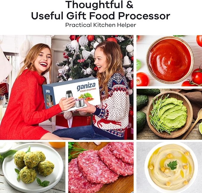 GANIZA Food Processors, Electric Food Chopper with Meat Grinder & Vegetable Chopper - 2 Bowls (8 Cup+8 Cup) with Powerful 450W Copper Motor - Includes 2 Sets of Bi-Level Blades (Red)