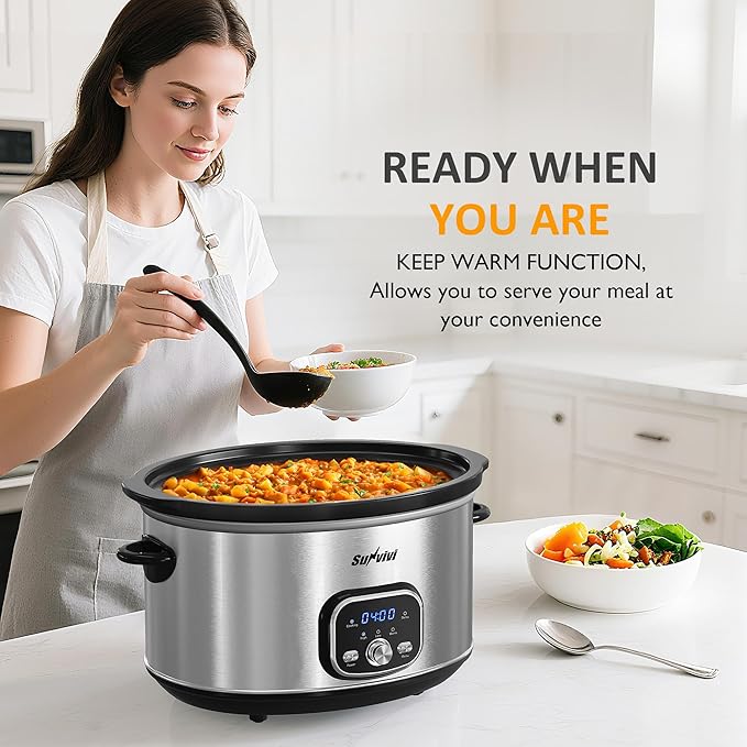Sunvivi Slow cooker Pot 8.5 QT Programmable Stainless Steel Color : Multi-Cooker Food Warmer with Delay Function, Adjustable Tempature Control, Dishwasher Safe, Perfect for Families, Sliver