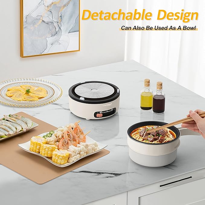 HYTRIC Electric Cooker, 2L Portable Electric Cooker with Foldable Handle, Non-Stick Electric Cooker with Dual Power Control for Camp, Dorm, Multi-Function Ramen Cooker for Oatmeal, Steak, Pasta,